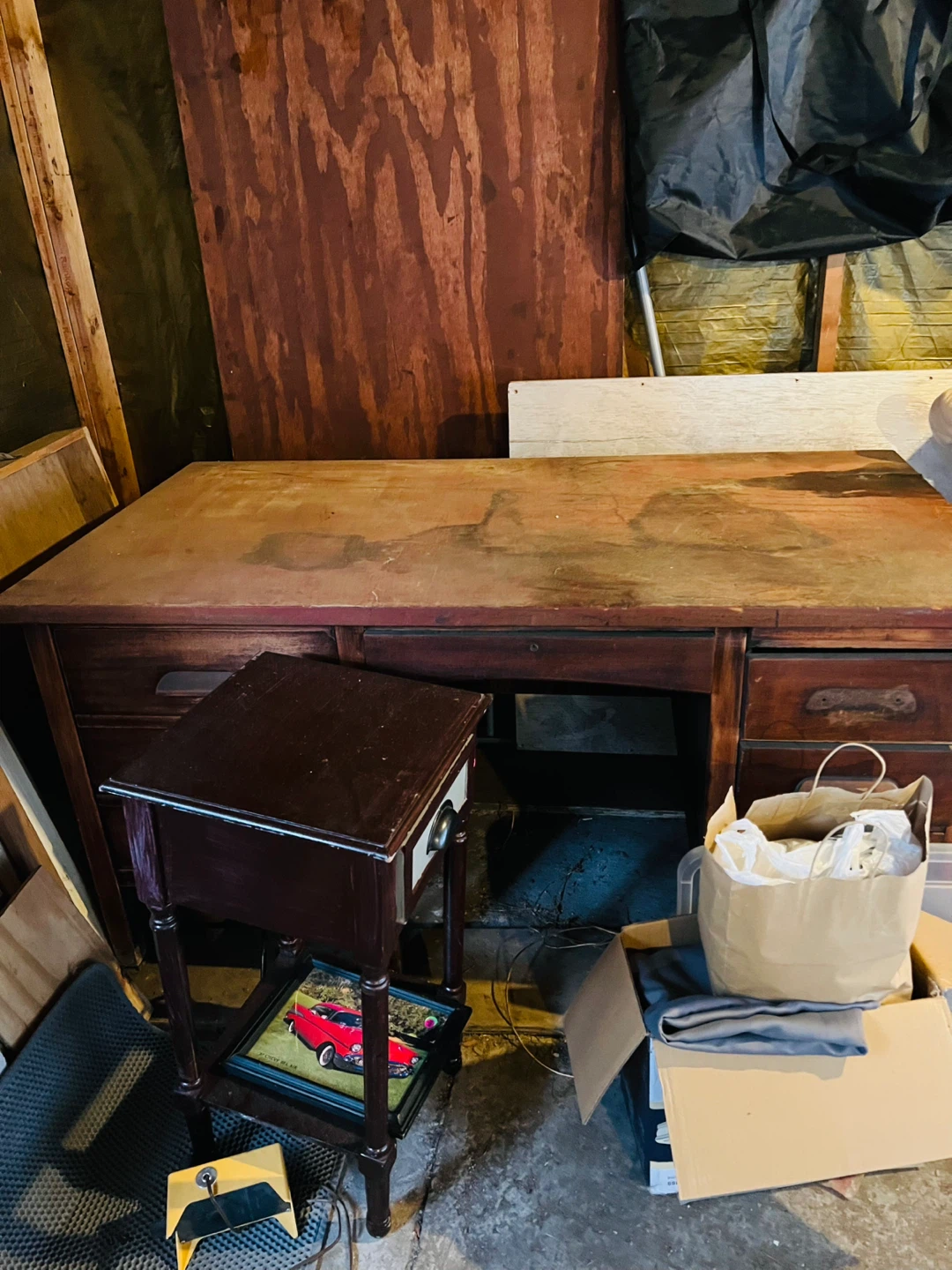 Used Wooden Desk and Side Table Set