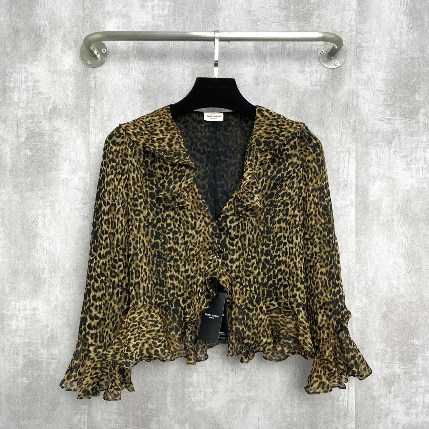 Saint Laurent Leopard Print Ruffle Blouse