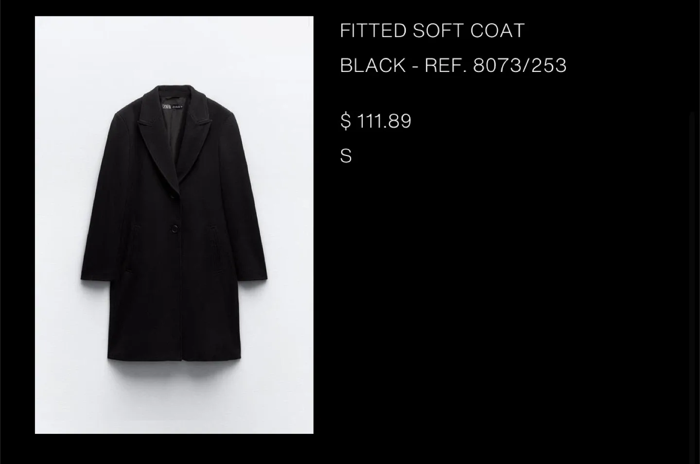 Zara Fitted Soft Coat - Black, Size Small image indicator(2)