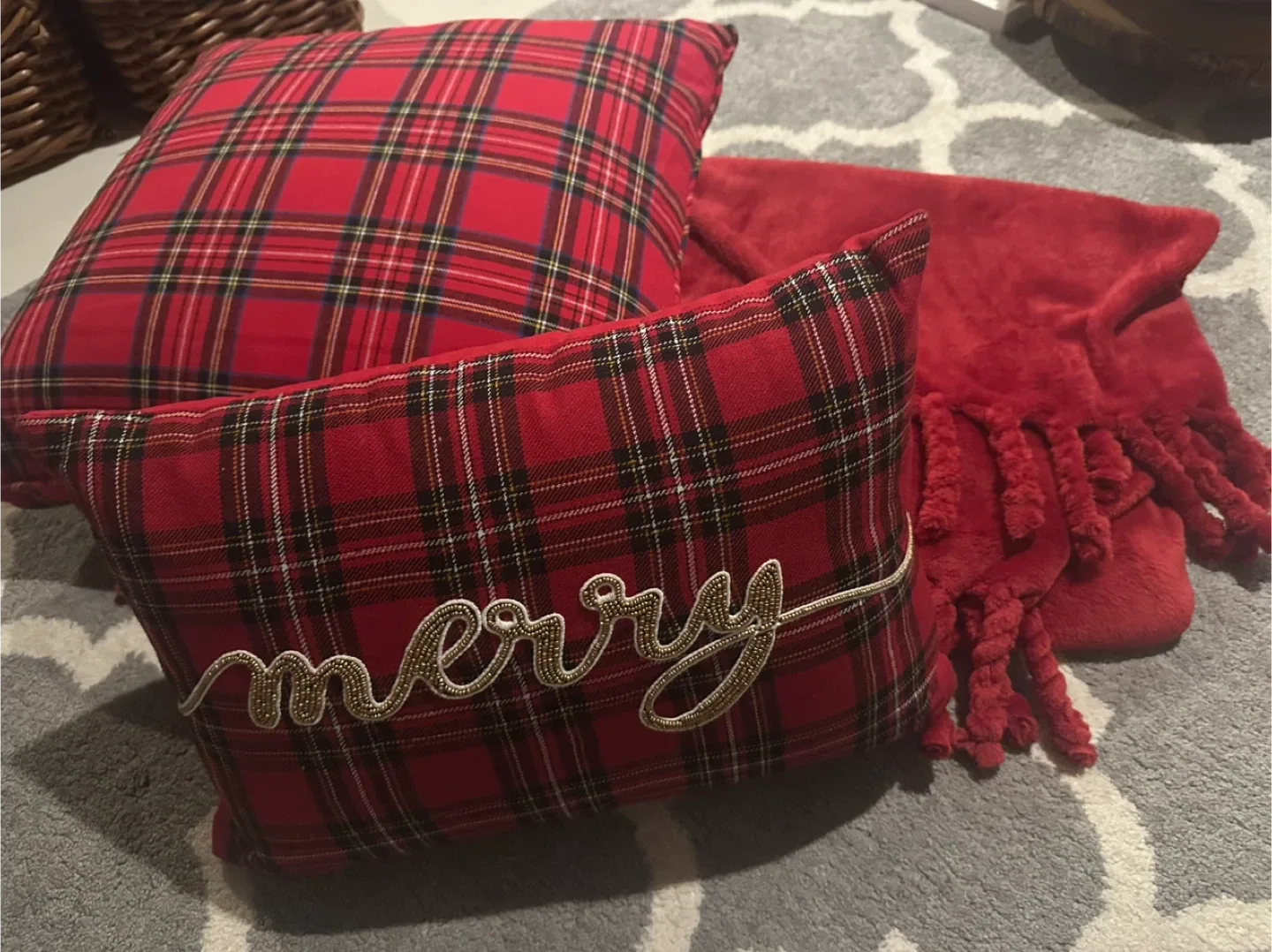 Red Plaid Throw Pillows & Blanket