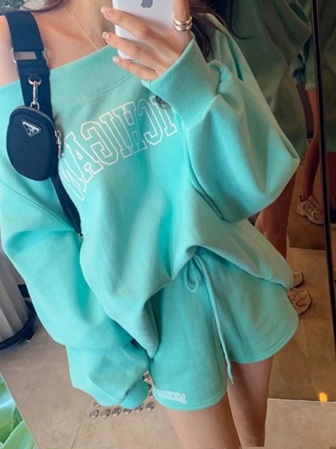 Korean Off Shoulder Sweatshirt & Shorts Set - Turquoise image indicator(2)