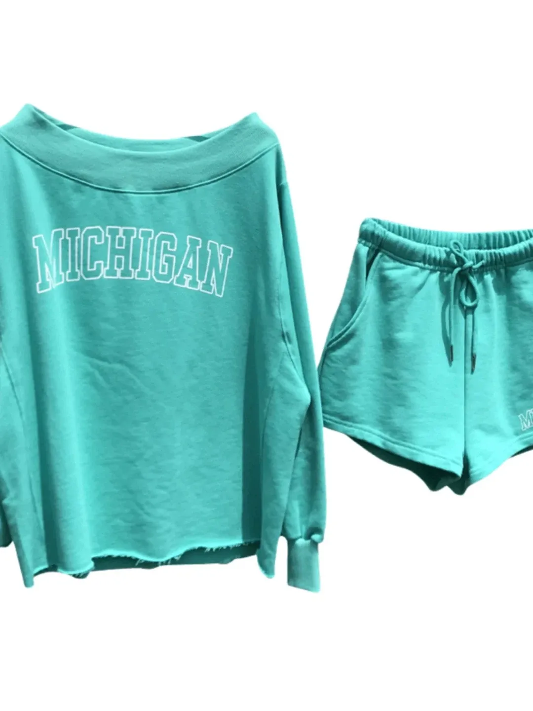 Korean Off Shoulder Sweatshirt & Shorts Set - Turquoise