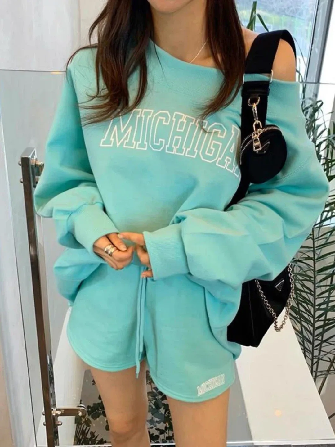 Korean Off Shoulder Sweatshirt & Shorts Set - Turquoise image indicator(3)