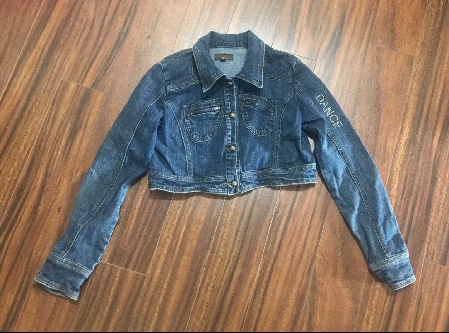 UB Jeans women’s large crop denim jacket rhinestone beaded Y2K