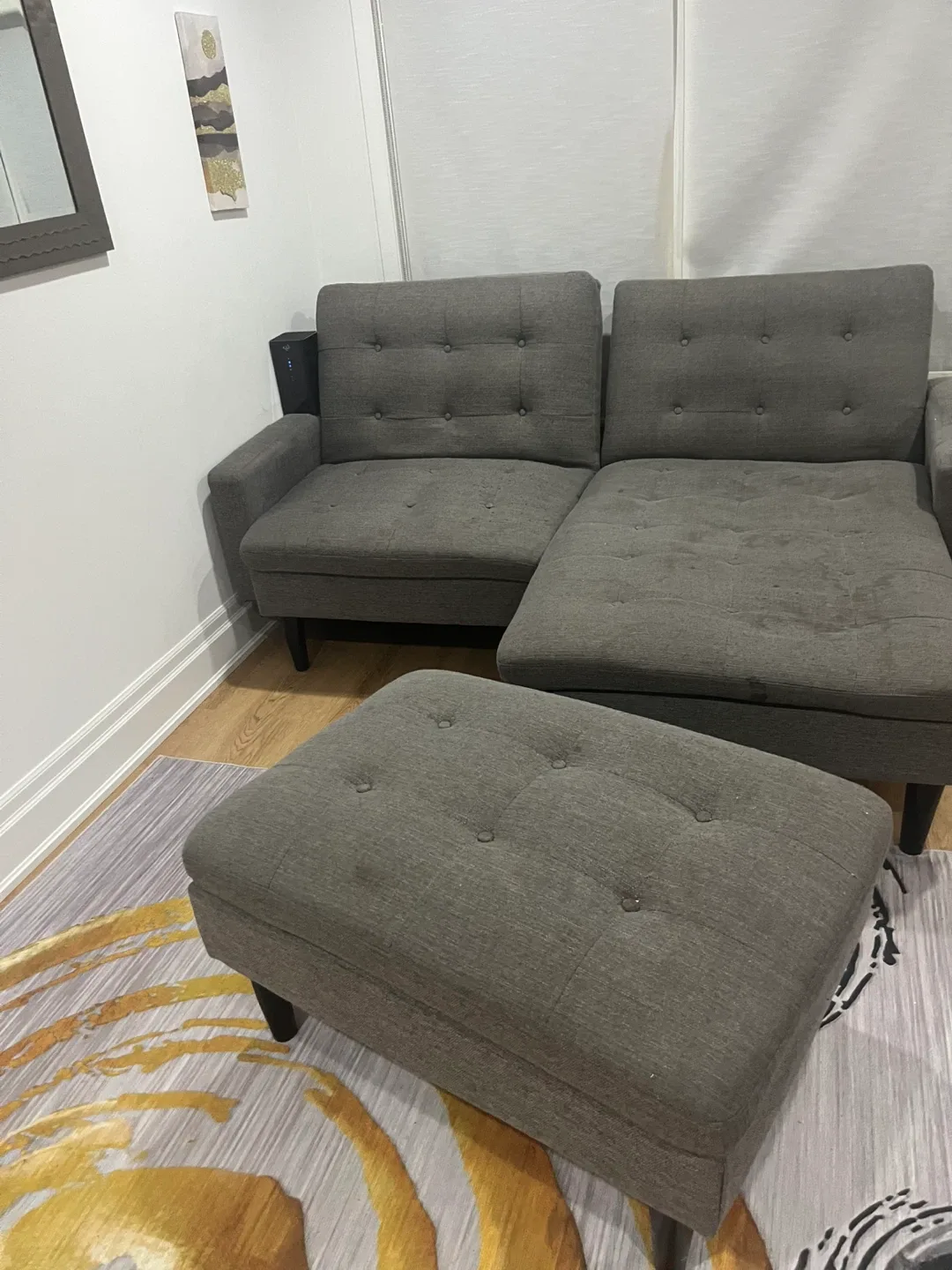 Grey Tufted Sectional Sofa with Ottoman