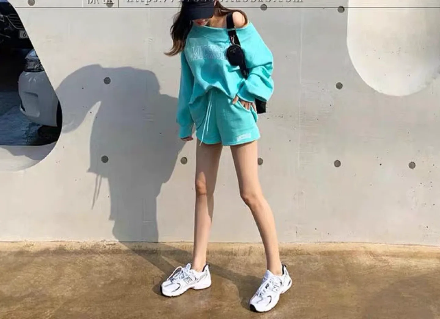 Korean Off Shoulder Sweatshirt & Shorts Set - Turquoise image indicator(5)