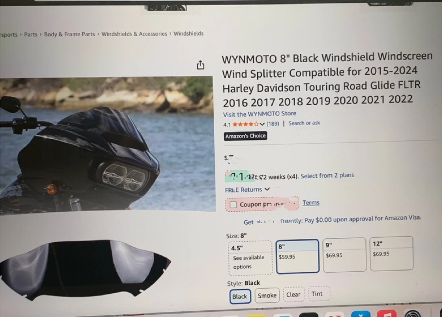 WYNMOTO 8" Black Windshield for Harley Davidson