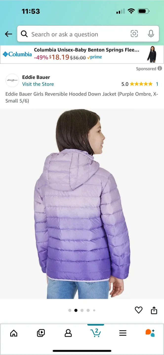 Eddie Bauer Girls Reversible Hooded Down Jacket Purple Ombre XS