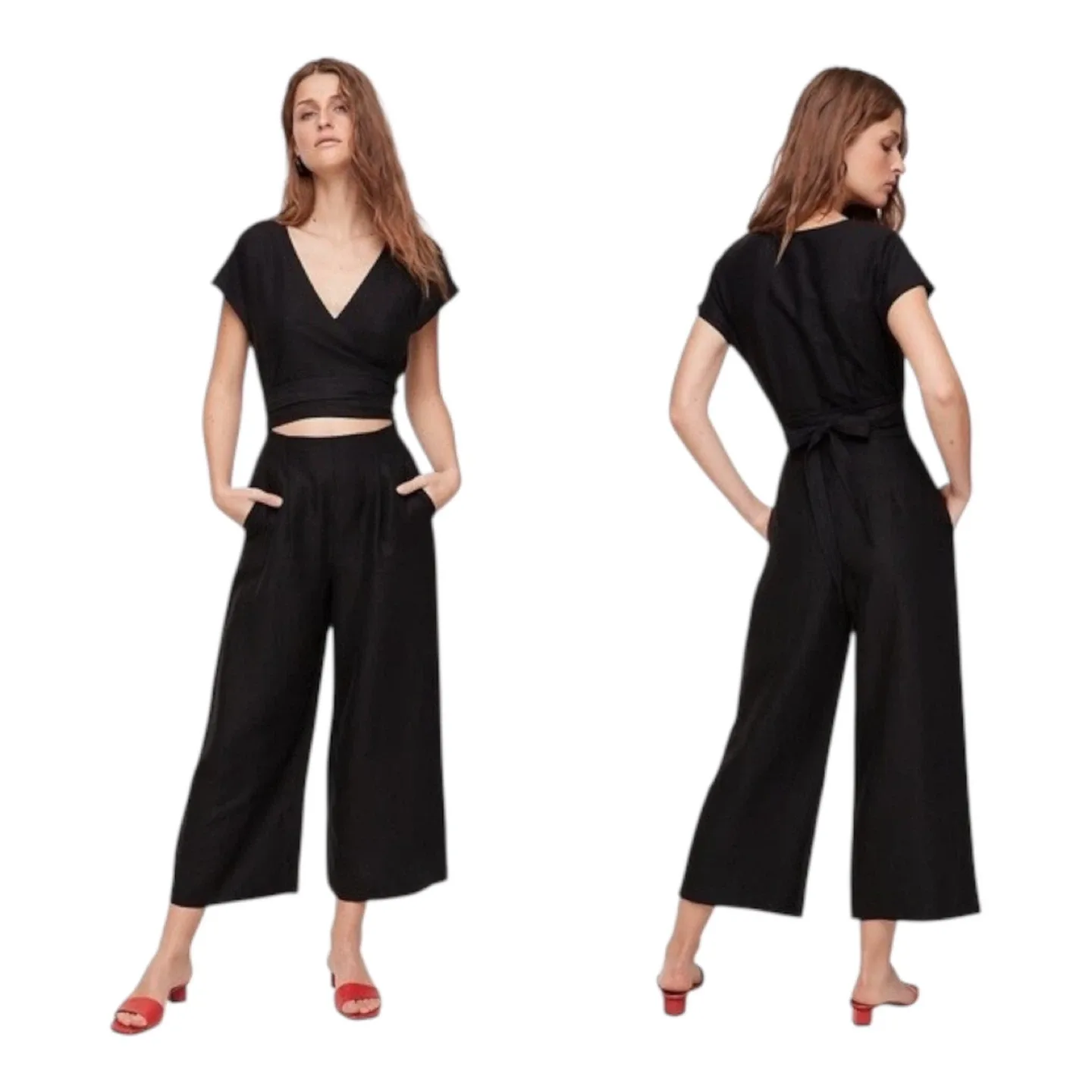 Aritzia Wilfred Black Brax Linen Blend Wrap Jumpsuit Size 6