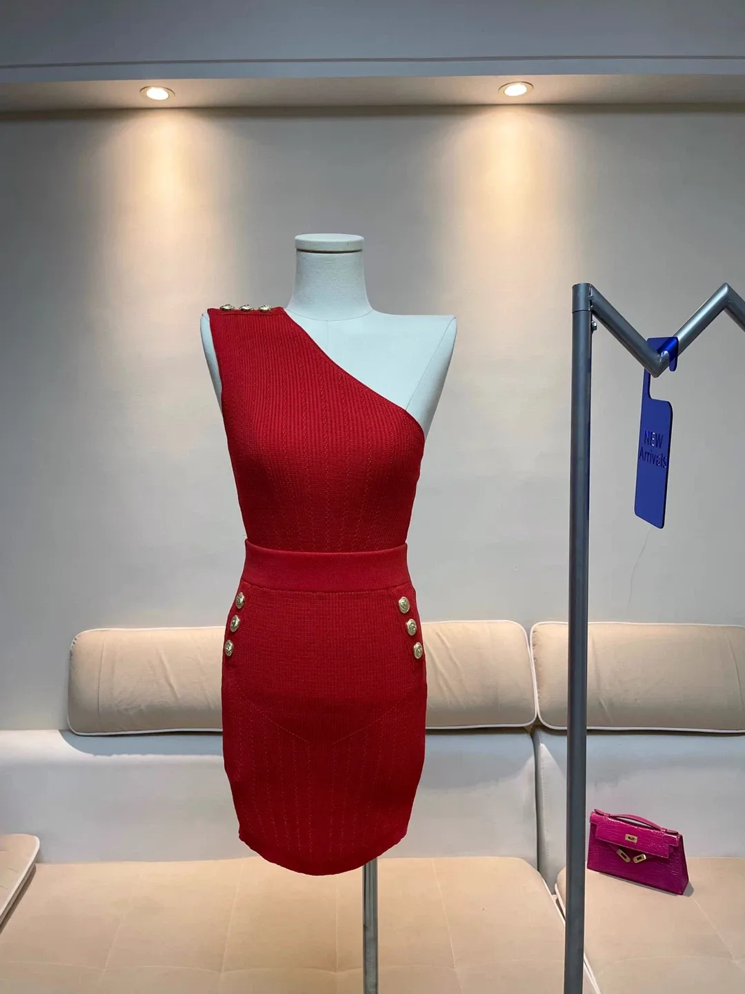 New Red Knit Mini Skirt & One-Shoulder Top Set