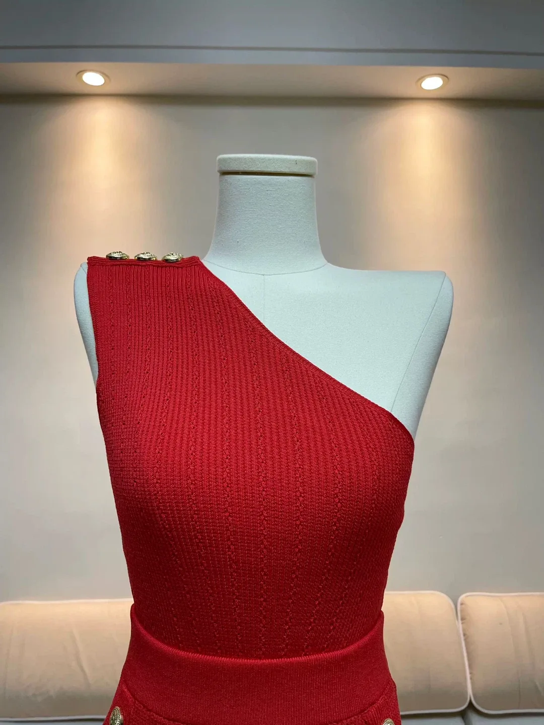 New Red Knit Mini Skirt & One-Shoulder Top Set image indicator(2)