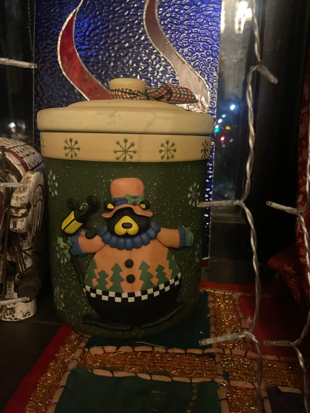 Ceramic Cookie Jar with Bear and Snowman