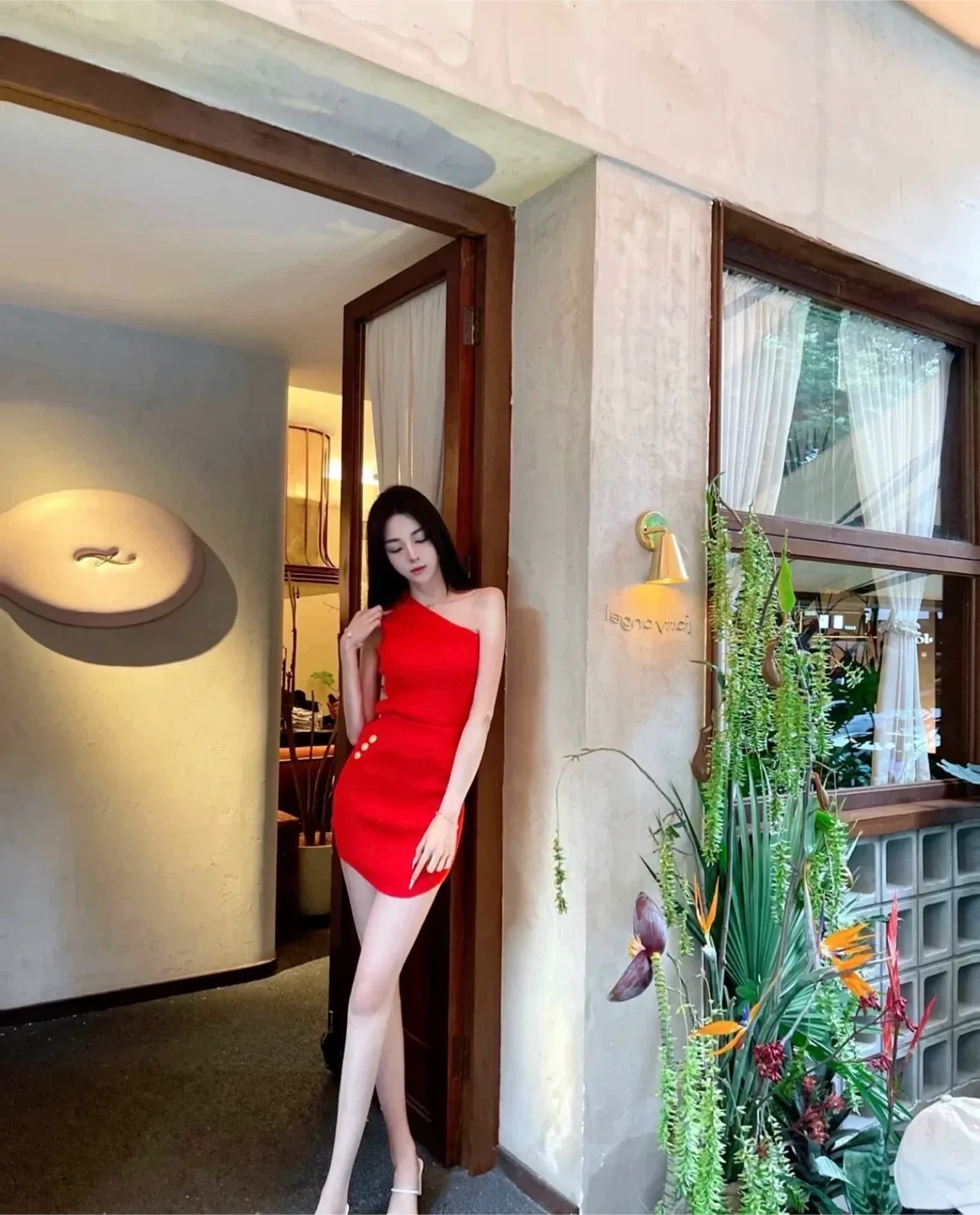 New Red Knit Mini Skirt & One-Shoulder Top Set image indicator(4)