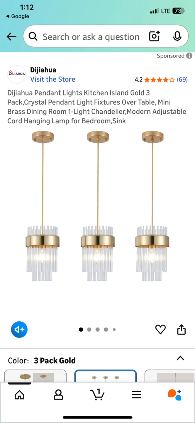 Dijiahua Pendant Lights Kitchen Island Gold 3 Pack - photo 2