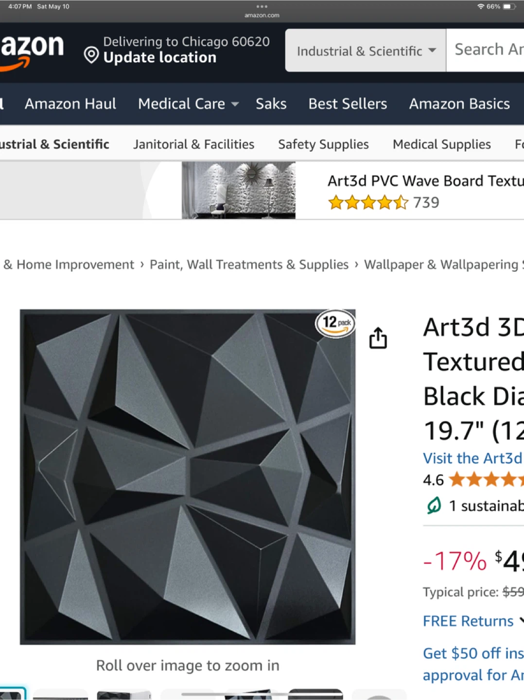 Art3d 3D Textured Wall Panels - Black Diamond 19.7" (12 Pack)