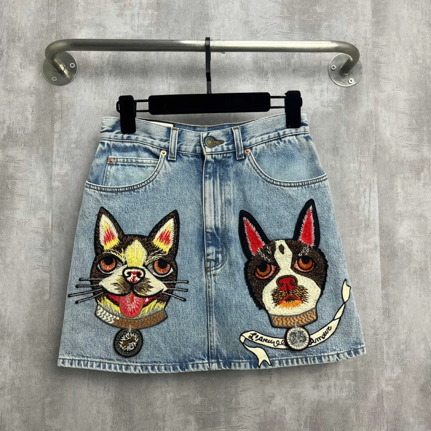 Gucci Denim Mini Skirt with Dog Embroidery