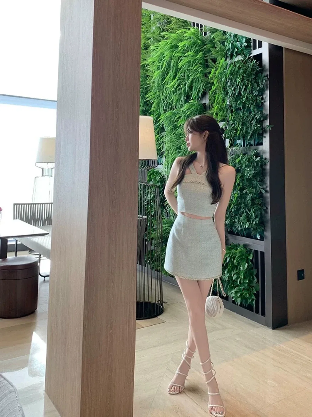 New Two-Piece Tweed Skirt Set - Light Blue image indicator(6)