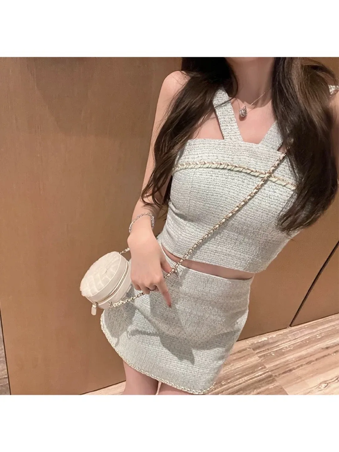 New Two-Piece Tweed Skirt Set - Light Blue image indicator(4)