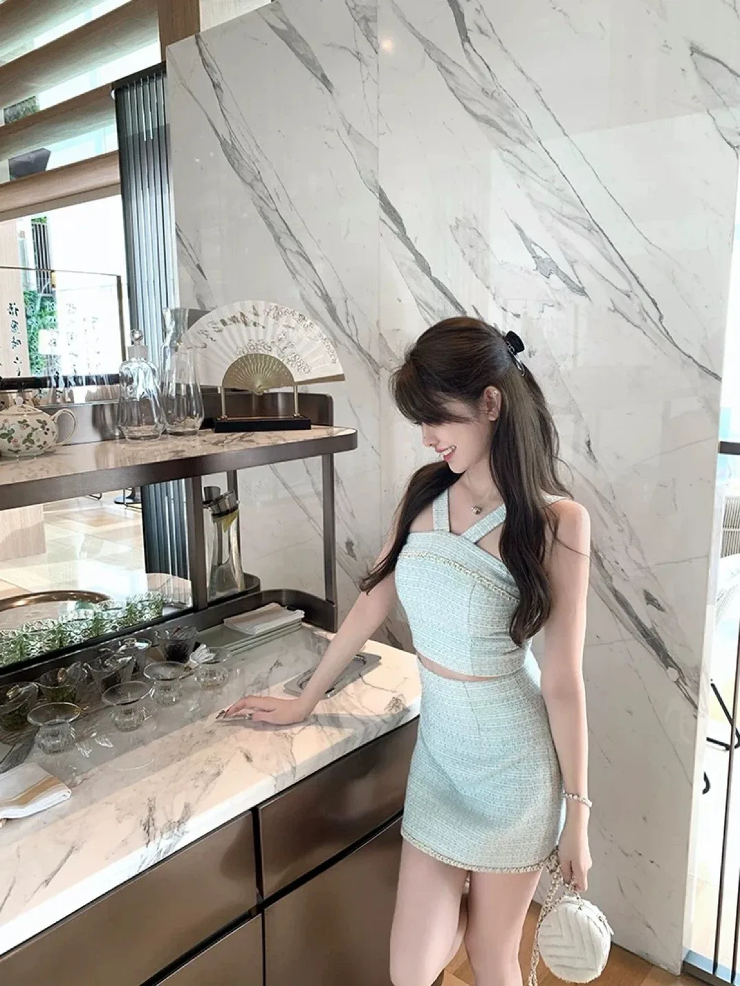 New Two-Piece Tweed Skirt Set - Light Blue image indicator(5)