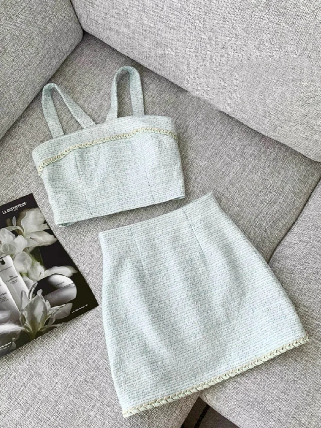 New Two-Piece Tweed Skirt Set - Light Blue