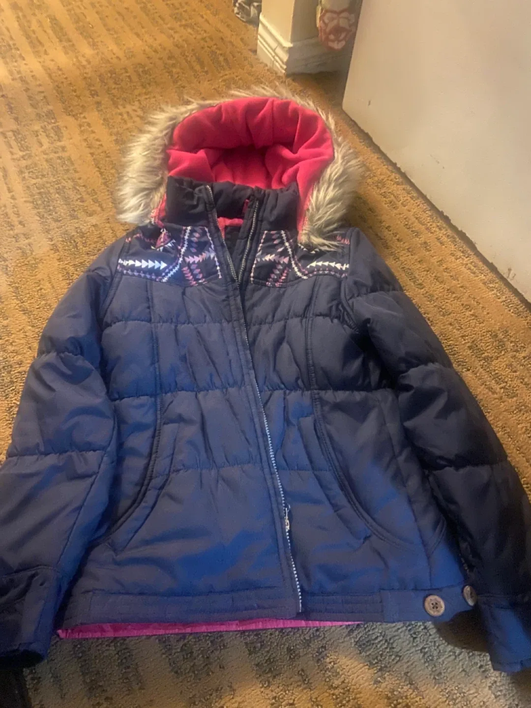 Navy Blue Puffer Jacket with Faux Fur Hood