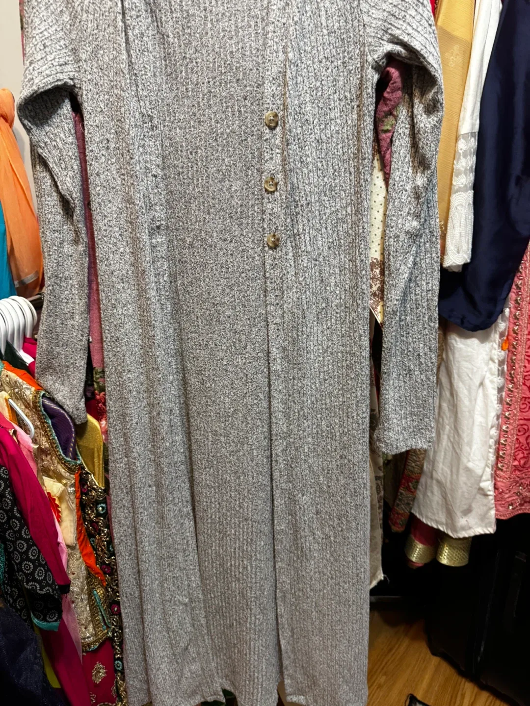 Grey Ribbed Knit Cardigan Dress