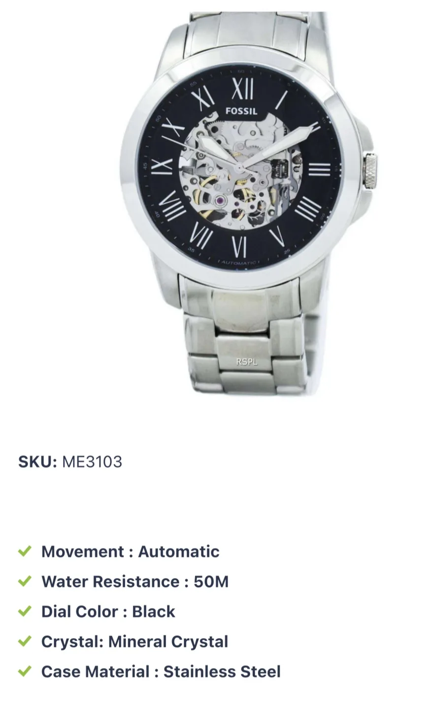 Fossil ME3103 Automatic Watch - Black Dial, Stainless Steel