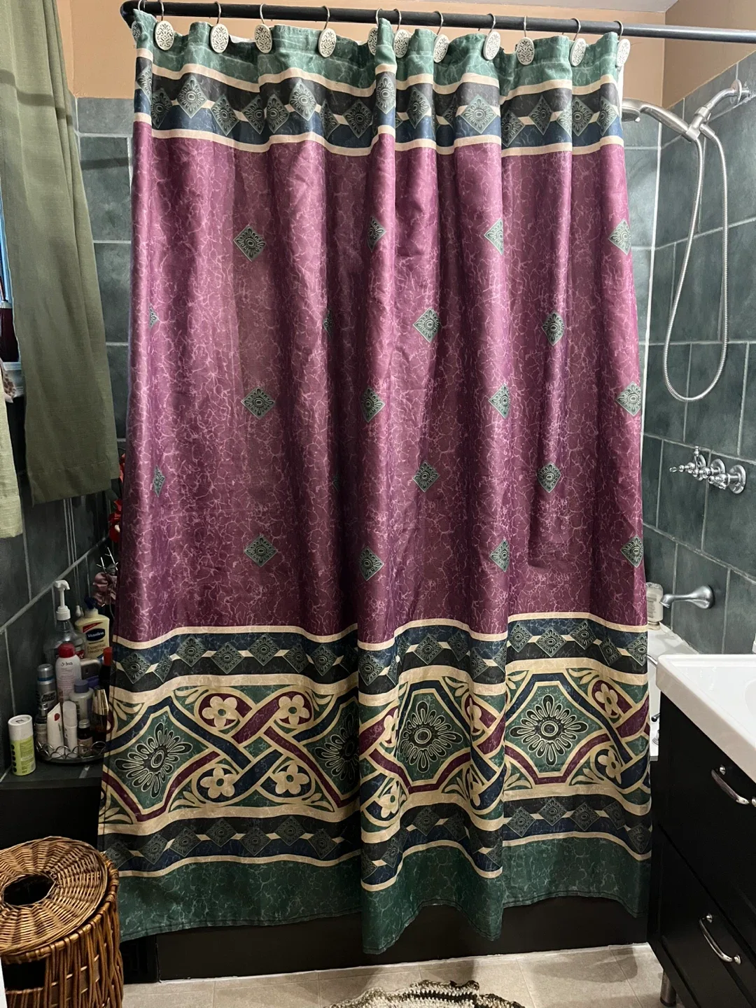 Vintage Patterned Shower Curtain - Purple & Green