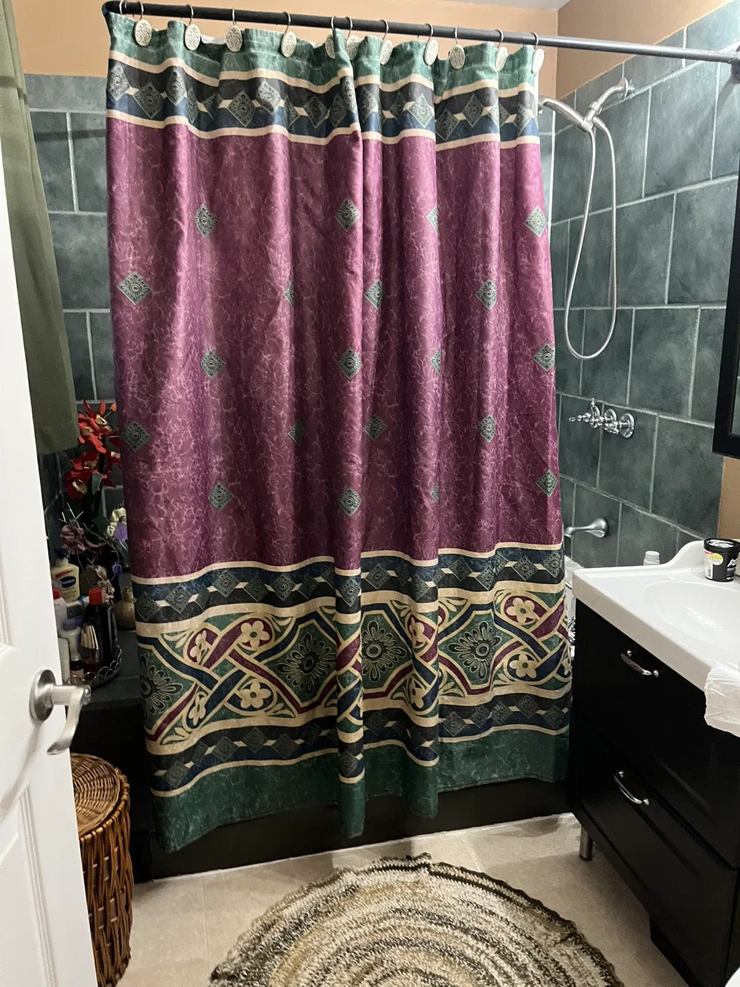Vintage Patterned Shower Curtain - Purple & Green image indicator(7)