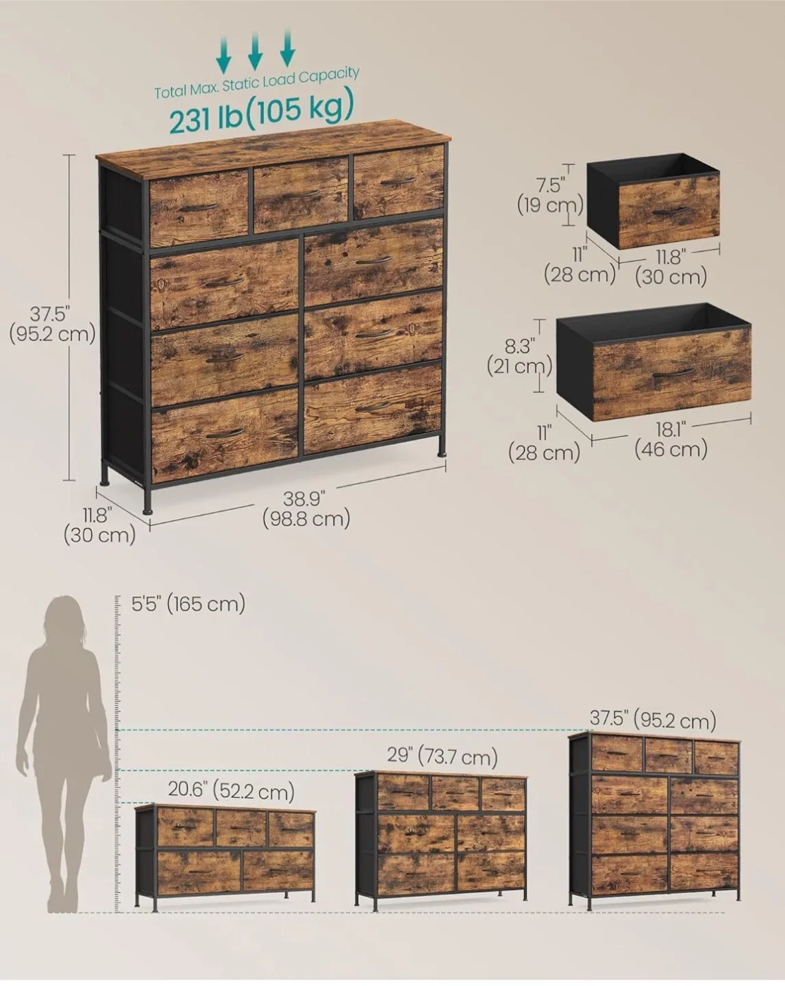 9-Fabric Drawer Dresser - Rustic Brown image indicator(2)