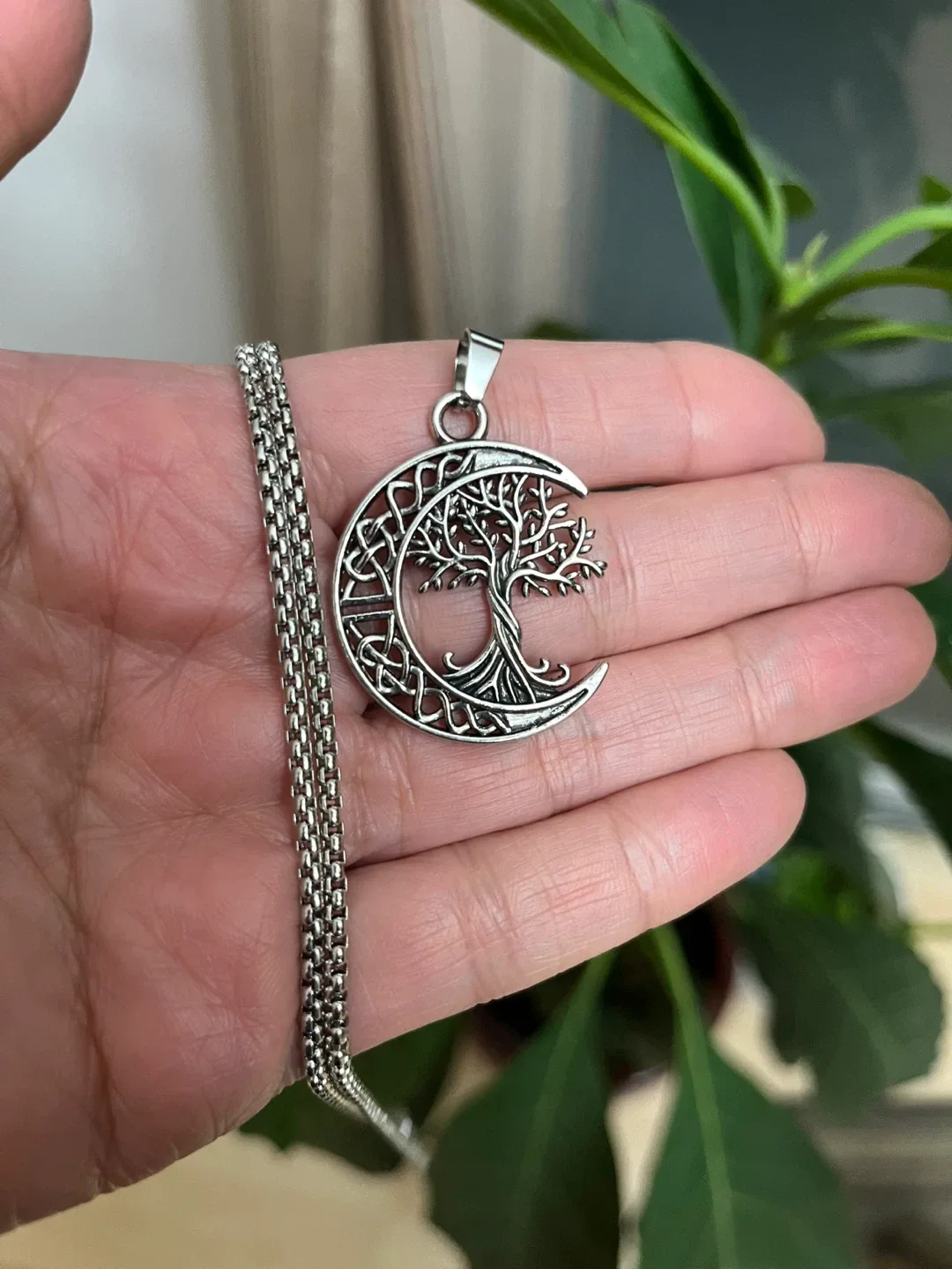 Tree of Life Crescent Moon Necklace. Stainless Steel