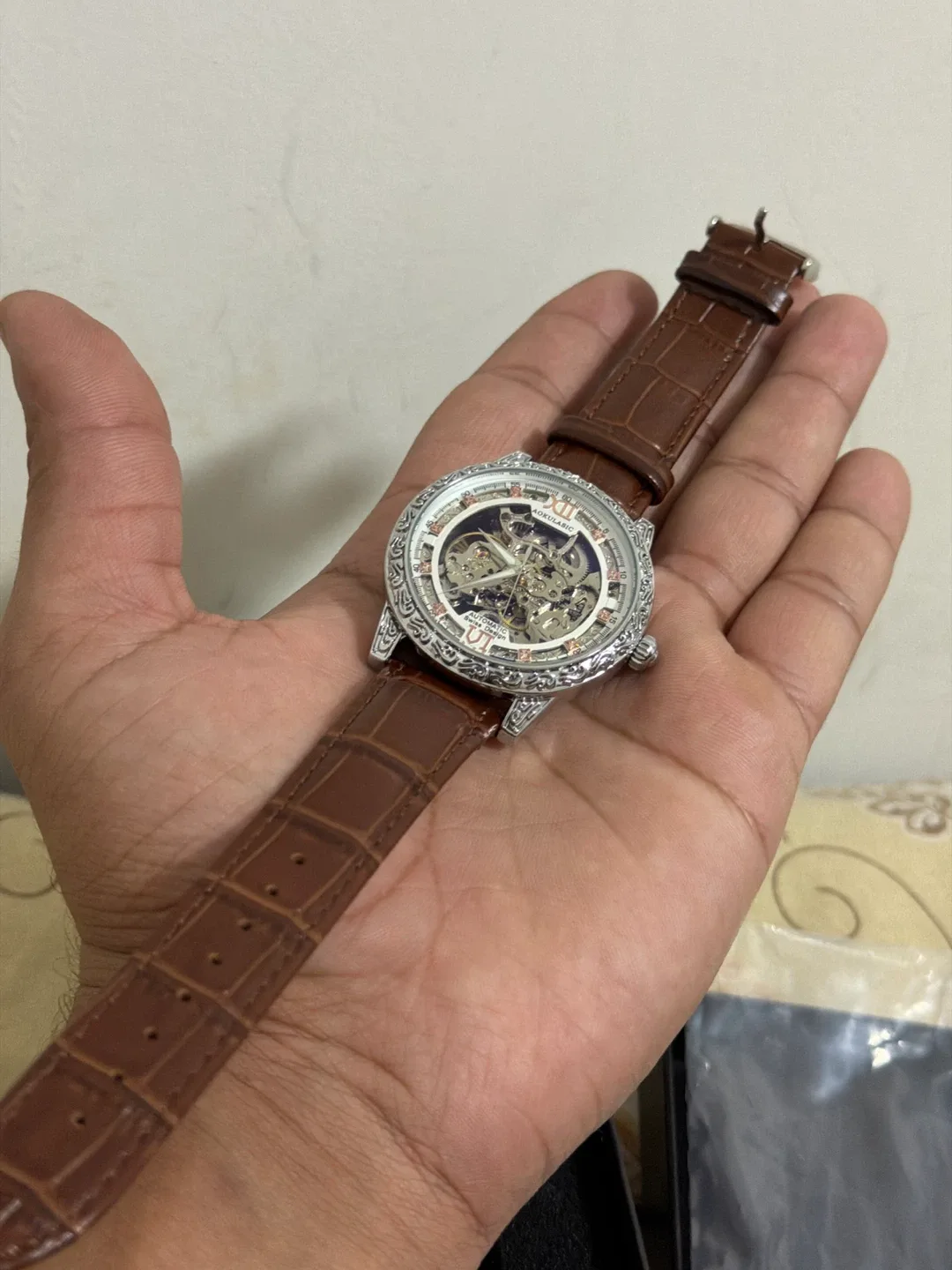 Men's Automatic Skeleton Watch - Brown Leather Band