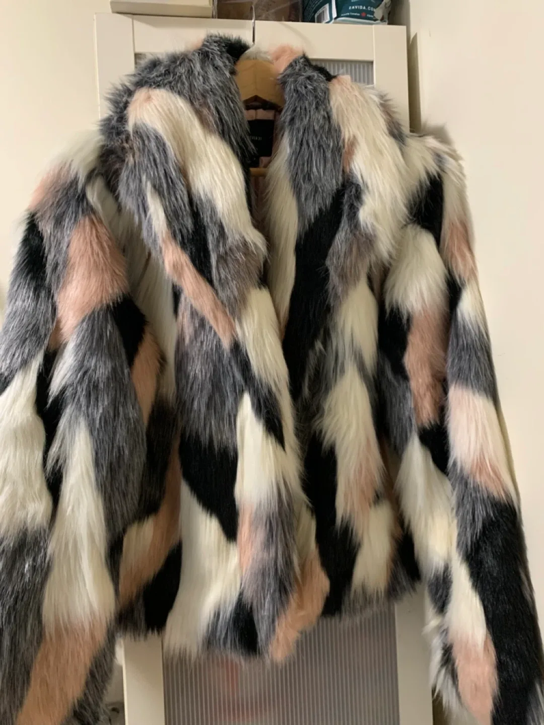 Faux Fur Colour Block Coat, like new, medium size , moving sales