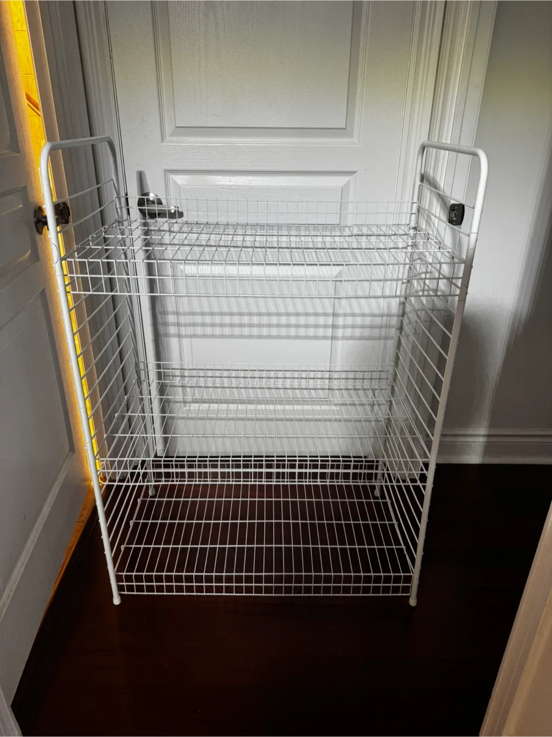 Metal wire shelving unit.