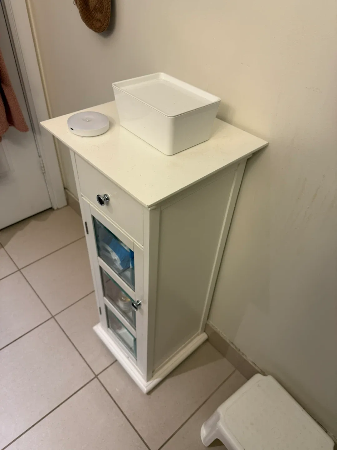 White Bathroom Cabinet with Glass Door