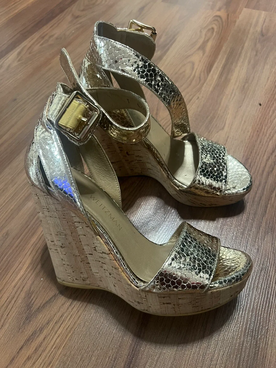 Stuart Weitzman Leather Gold Wedge Heels - Size 4.5
