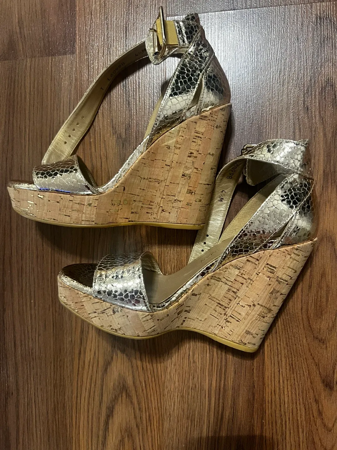 Stuart Weitzman Leather Gold Wedge Heels - Size 4.5 image indicator(3)