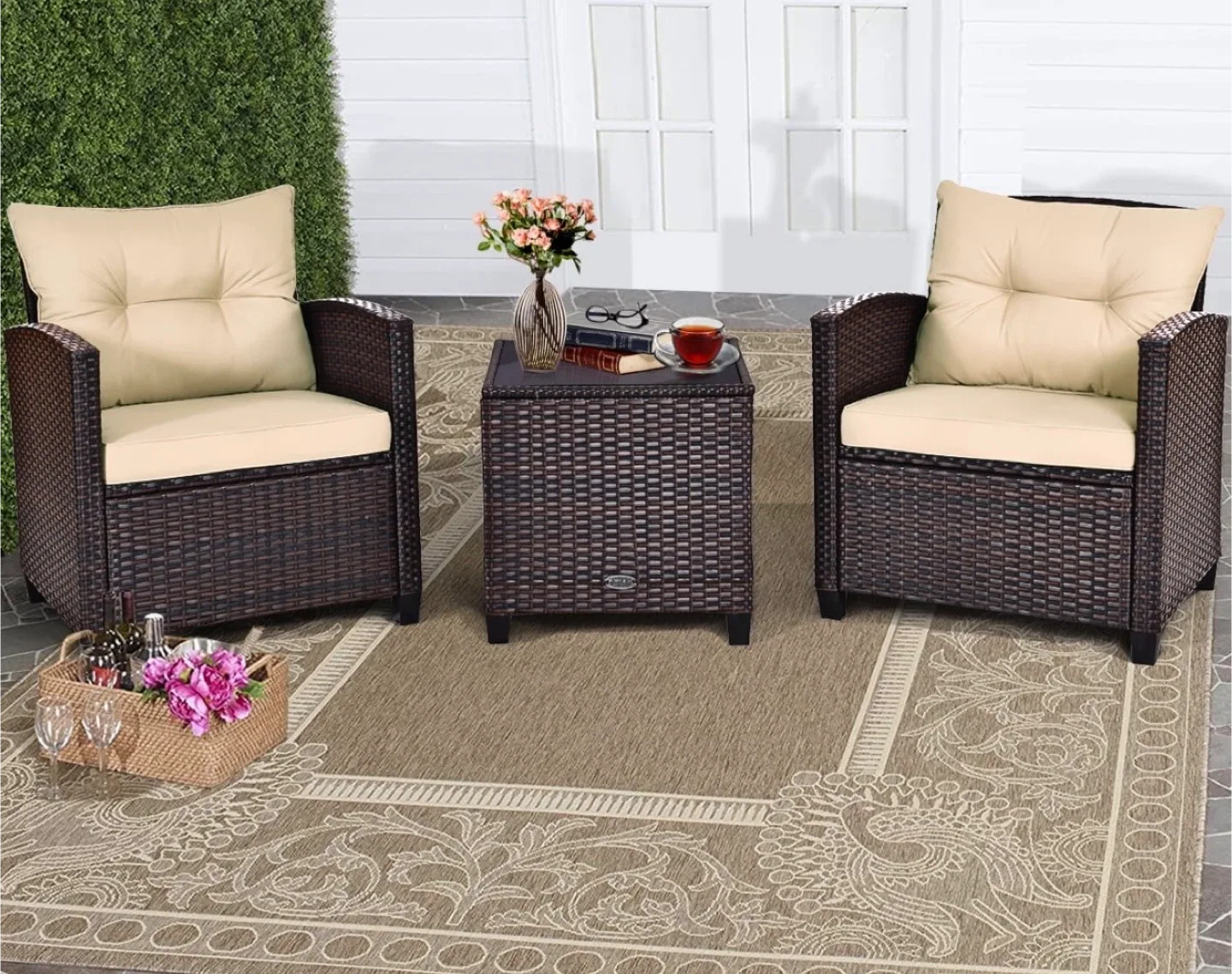 Patio Furniture Set Cushioned - 3Pcs