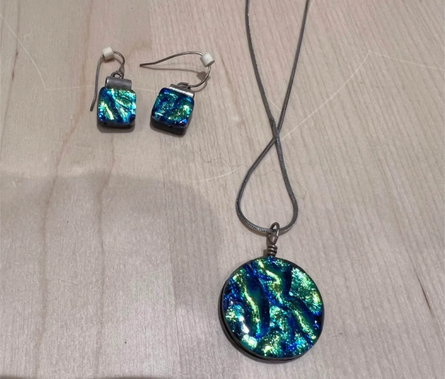 Green Ripple Dichroic Fused Glass Pendant and Earrings