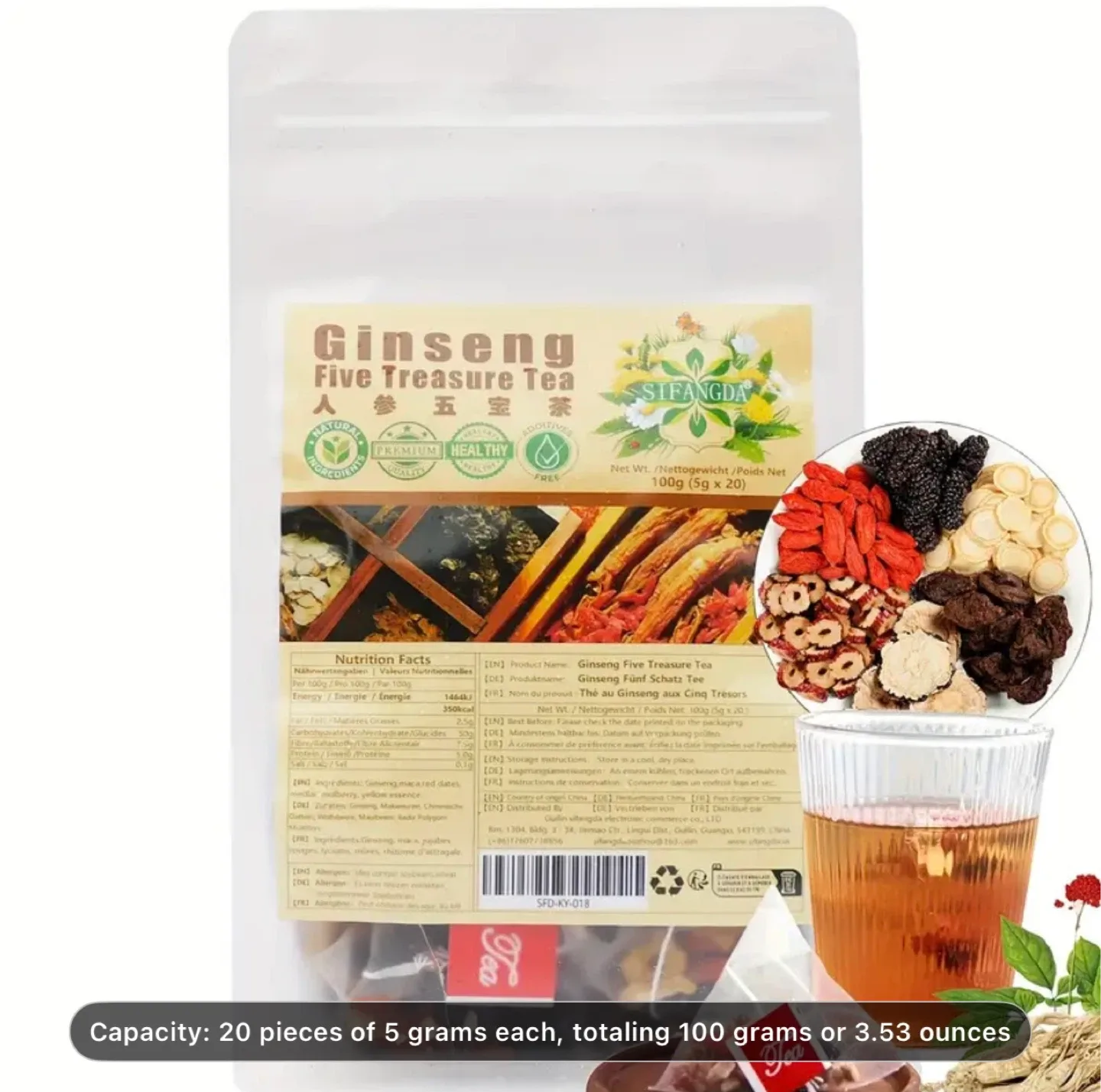Five Treasures Ginseng Tea by SIFANGDA 100g, 5g × 20pcs image indicator(5)