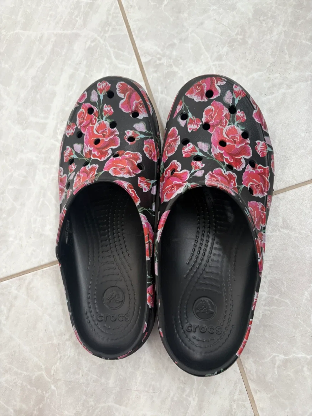 Crocs Clogs, Black Floral, Size 8