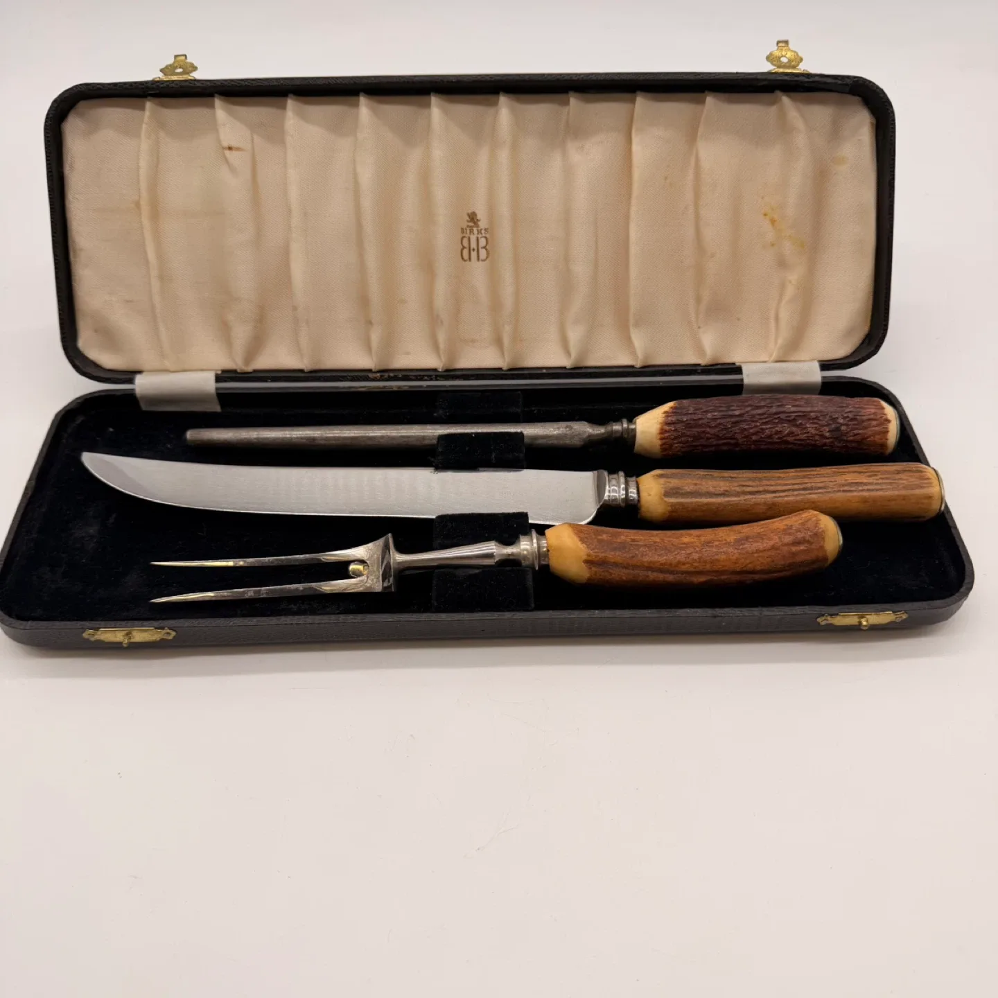 Vintage Birks EB Stag Handle 3-Piece Carving Set with Case
