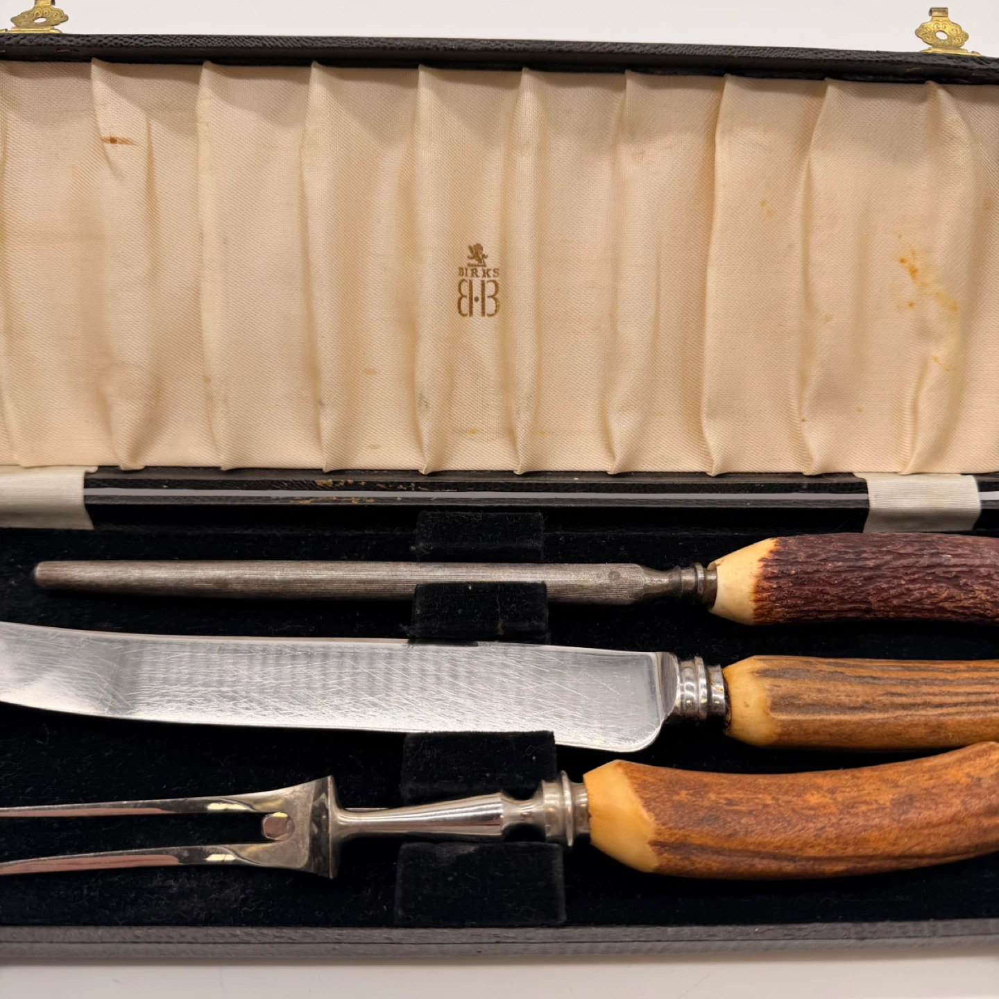 Vintage Birks EB Stag Handle 3-Piece Carving Set with Case - photo 2
