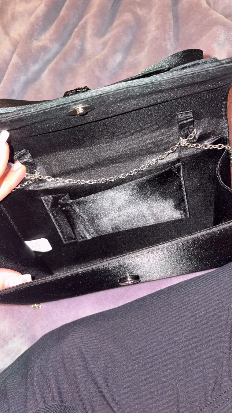 Black Satin Clutch with Chain Strap image indicator(5)