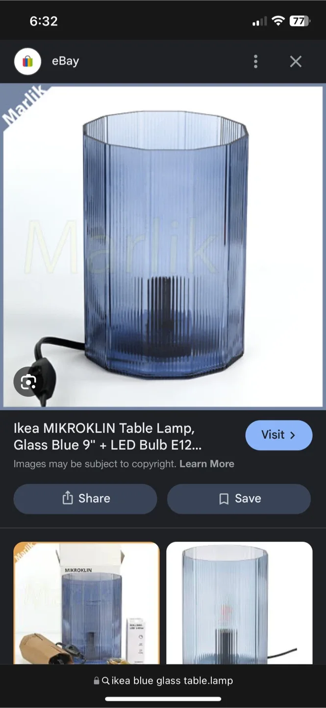 Ikea MIKROKLIN Table Lamp, Glass Blue 9"