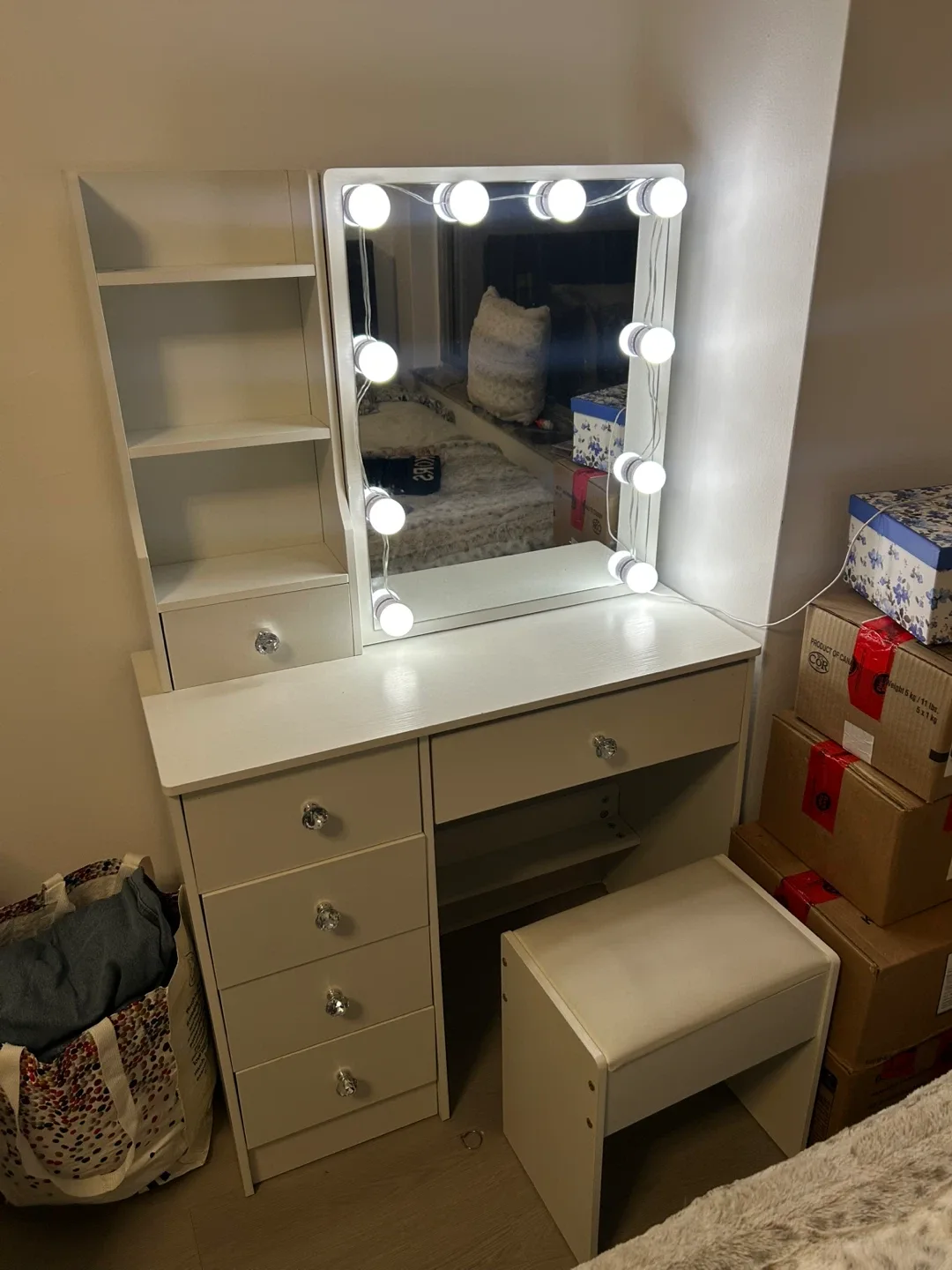 Vanity Makeup Table with Lighted Mirror & Stool - White