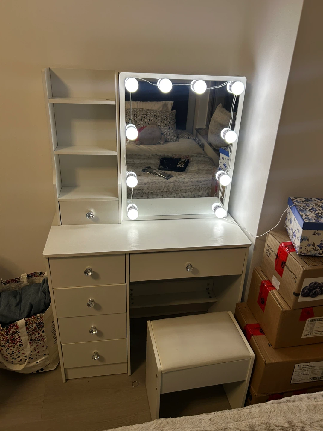 Vanity Makeup Table with Lighted Mirror & Stool - White - photo 2