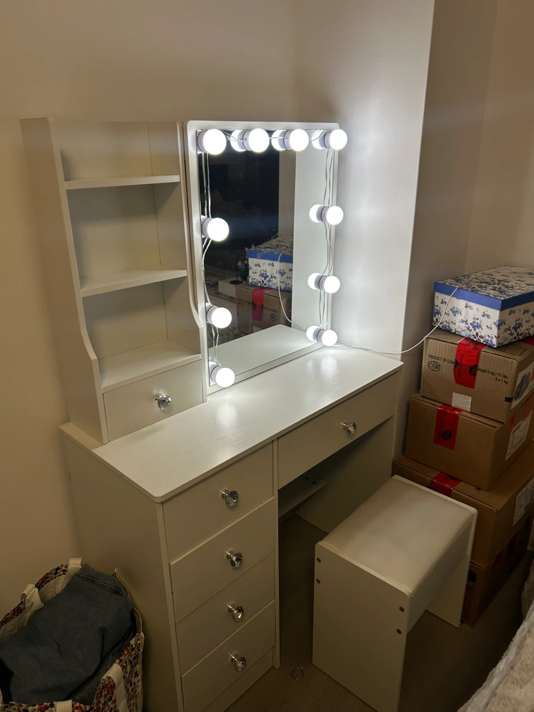Vanity Makeup Table with Lighted Mirror & Stool - White - photo 3