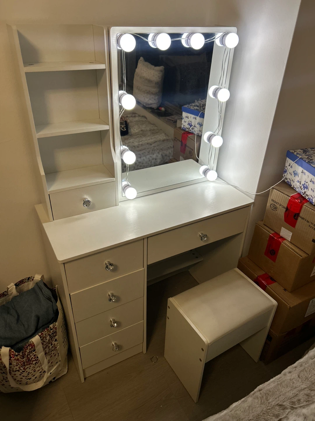 Vanity Makeup Table with Lighted Mirror & Stool - White - photo 5