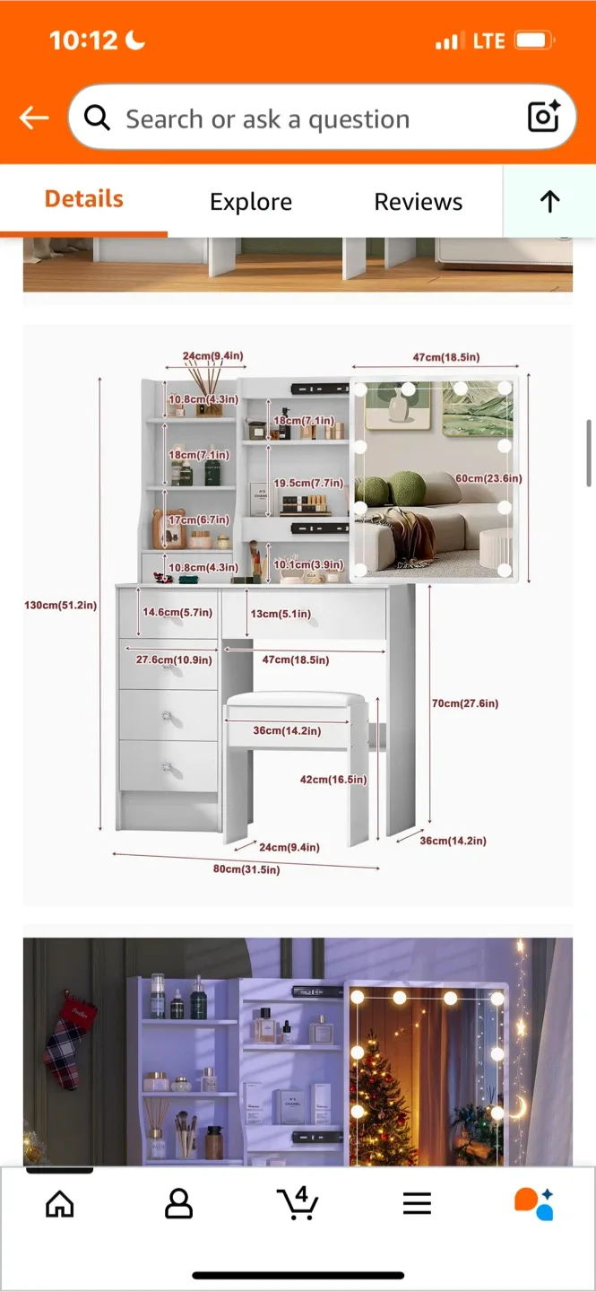 Vanity Makeup Table with Lighted Mirror & Stool - White image indicator(8)